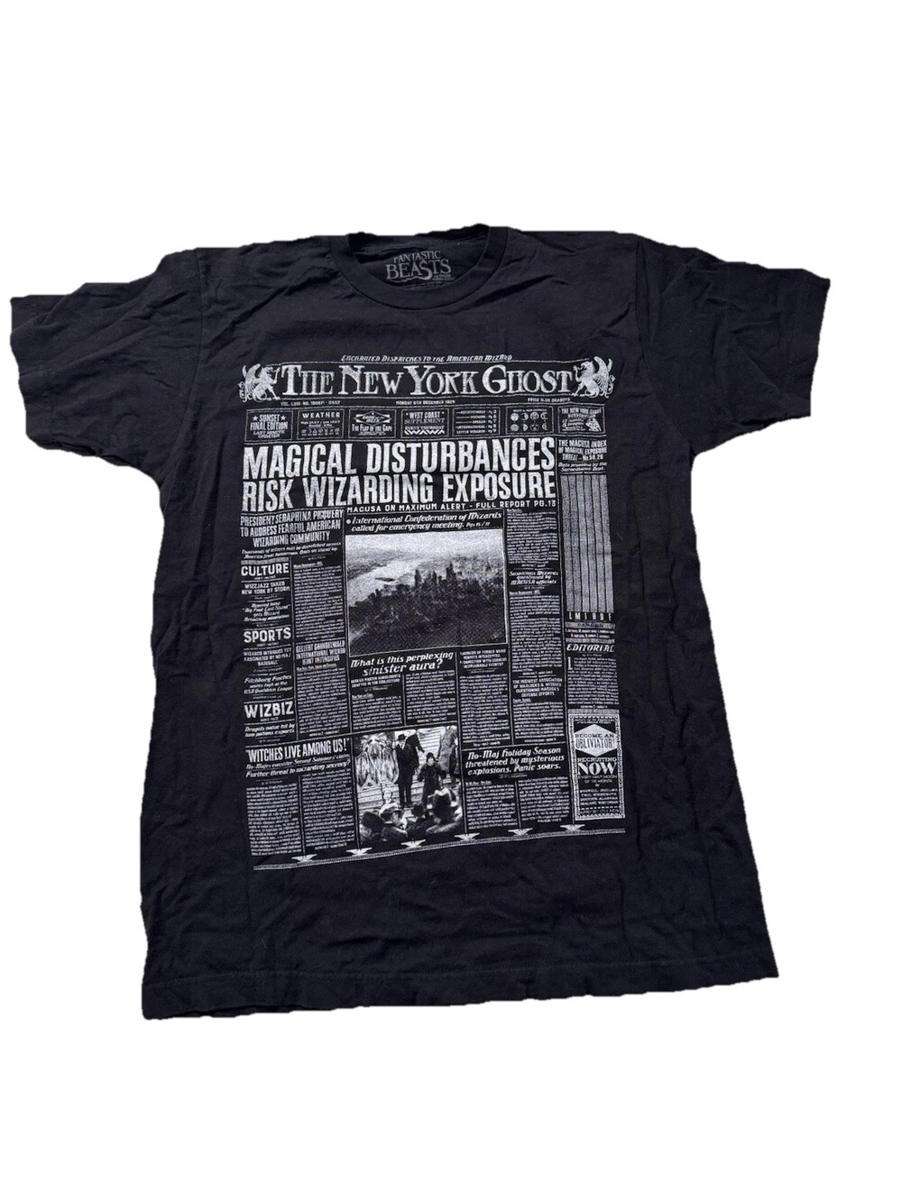 Fantastic Beasts Black Newspaper Screen Print Tshirt 100% Cotton Sz Medium